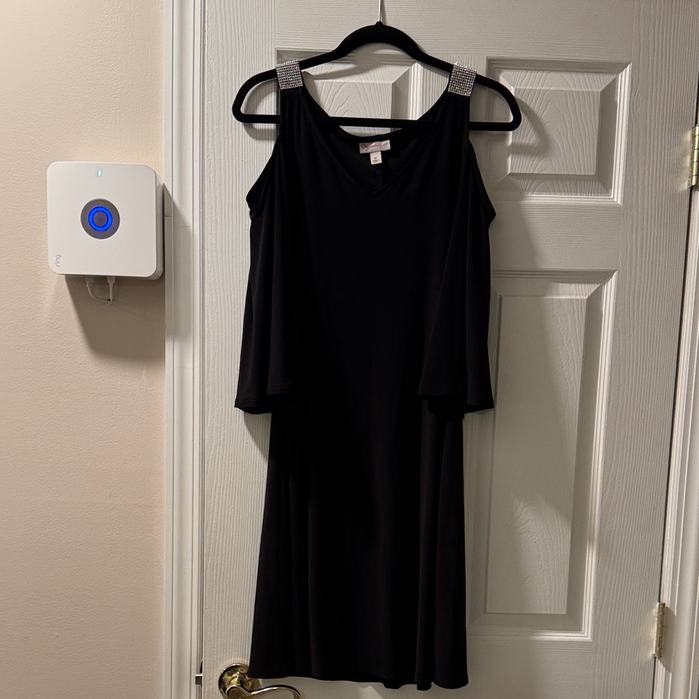 DC Black Cold-Shoulder Midi Dress with Rhinestone Straps